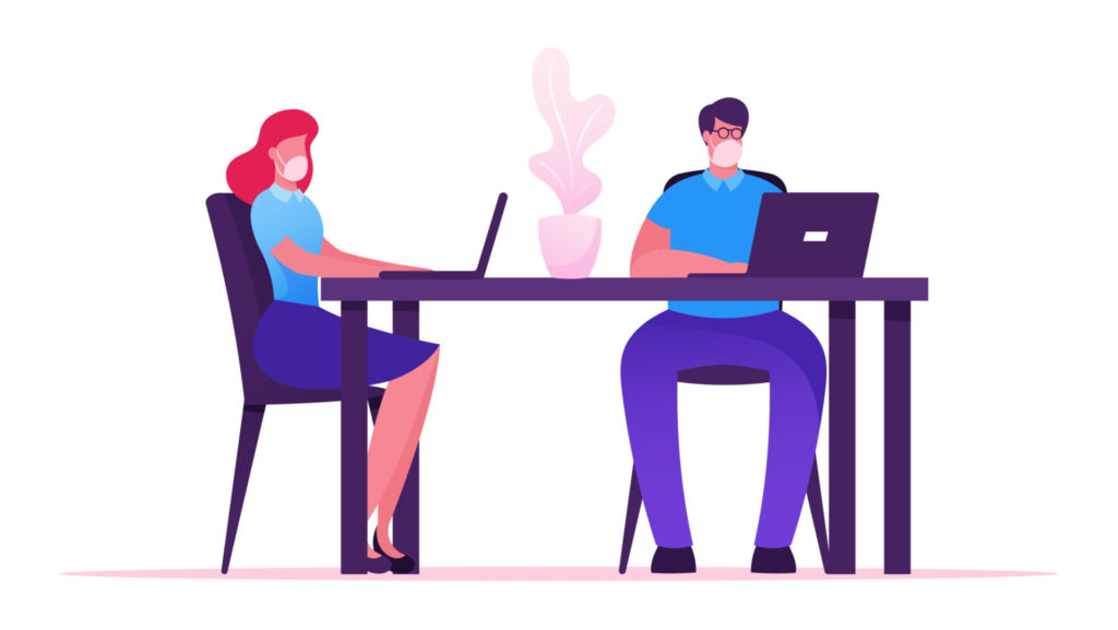 Illustration du concept de bureau, personnages masqués devant leur écran